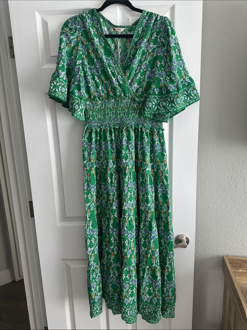 Max Studio Green Floral V-Neck Smocked Midi Dress